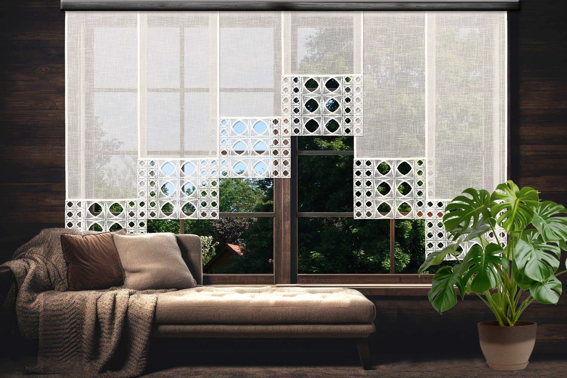 Fl&auml;chengardinen Miray mit Vogtl&auml;ndischer Spitze Dekobeispiel