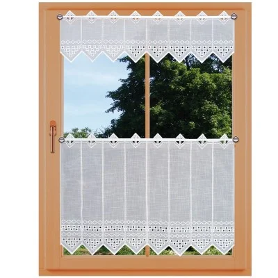 Kurzgardine Kayla Plauener Spitze Käseleinen Kurz und lang am Fenster
