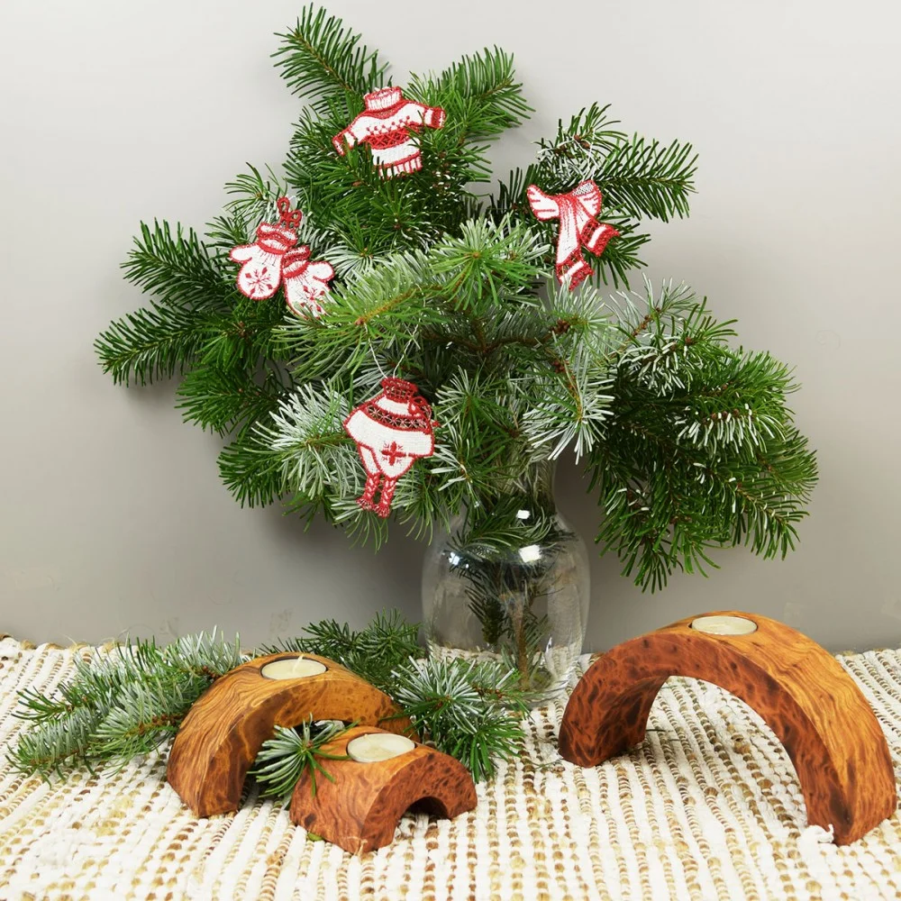 4er-Set "Winterliches" - Glücksanhänger Plauener Spitze am Strauß