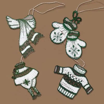 4er-Set "Winterliches" - Glücksanhänger Plauener Spitze am Strauß grün