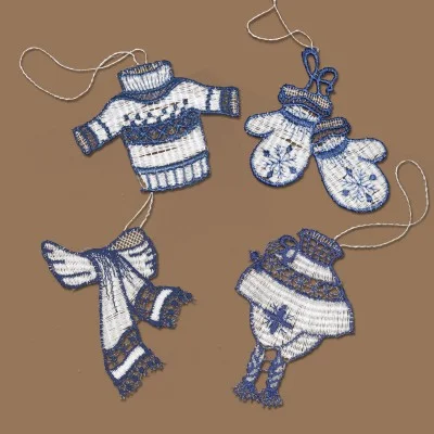 4er-Set "Winterliches" - Glücksanhänger Plauener Spitze am Strauß blau