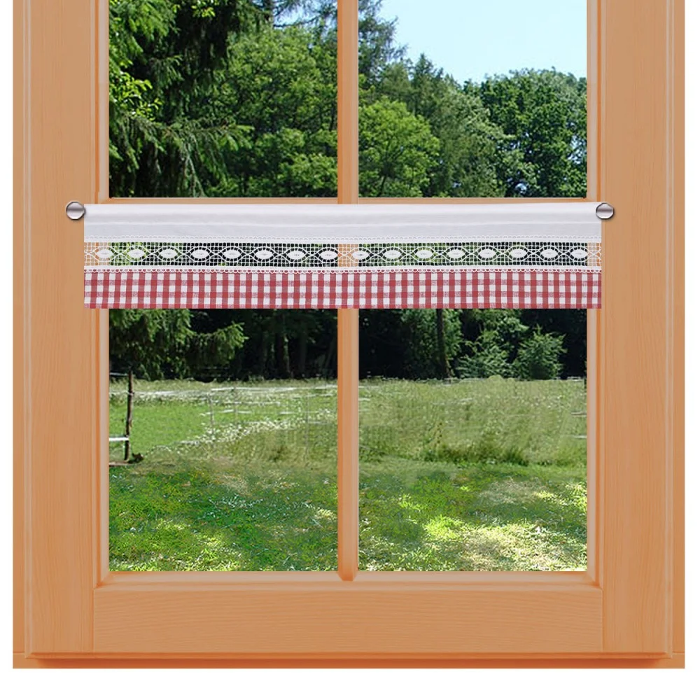 Feenhausgardine Helena rot-weiß kurz am Fenster