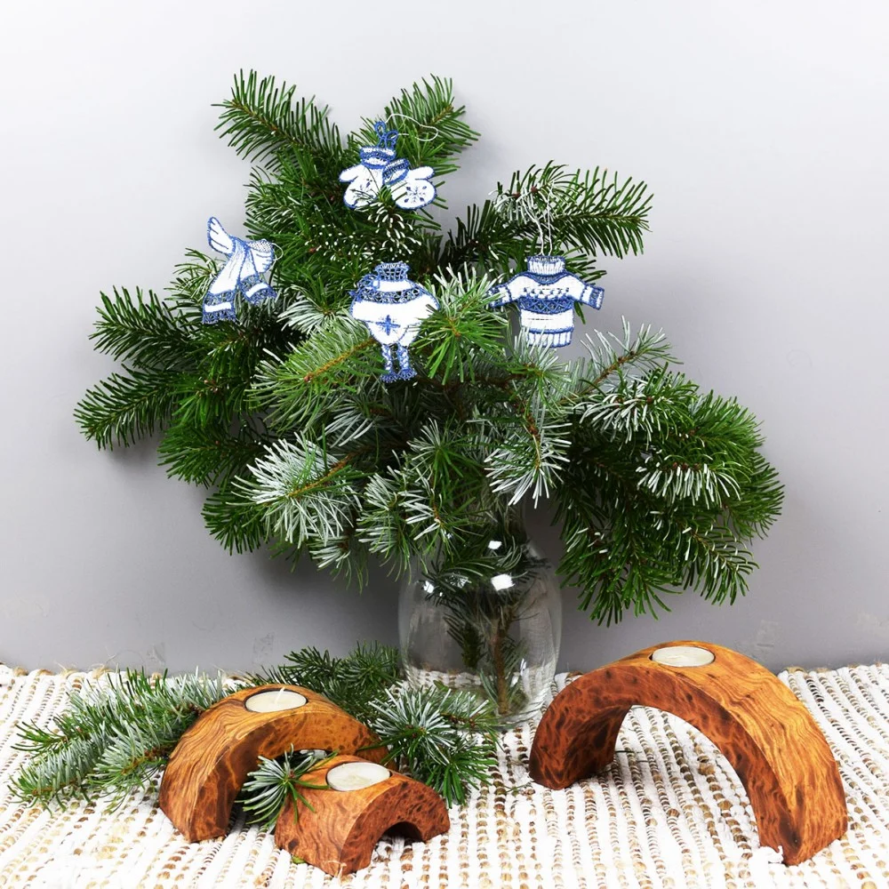4er-Set "Winterliches" - Glücksanhänger Plauener Spitze am Strauß blau