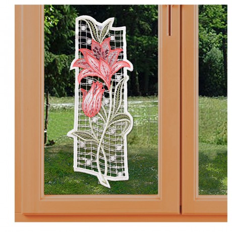 Fensterbild Lilie Spitzenbild Echte Plauener Spitze rot am Fenster