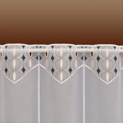 Scheibengardine Onion mit weiss anthrazit und lachsfarbener Stickerei Detailbild