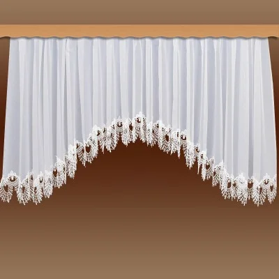 Edler Blumenfenster-Store Nastja weiß mit gebogter Fächerspitze vor Hintergrund