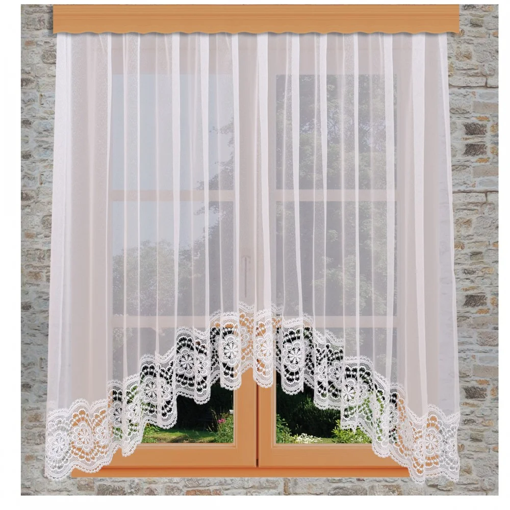Edler Blumenfenster-Store Eva weiß mit gebogter Spitze am Fenster