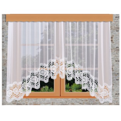 Edler Blumenfenster-Store Eva weiß mit gebogter Spitze am Fenster dargestellt