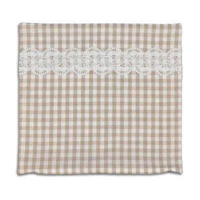 Kissenhülle Hannah beige-weiß kariert mit Spitzenbesatz aus Plauener Spitze 40 x 40 cm ohne Füllung