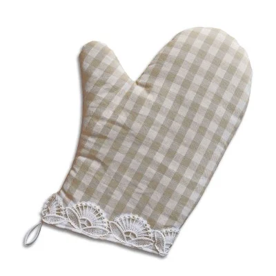 Topfhandschuh Hannah beige-weiß kariert mit Spitzenbesatz