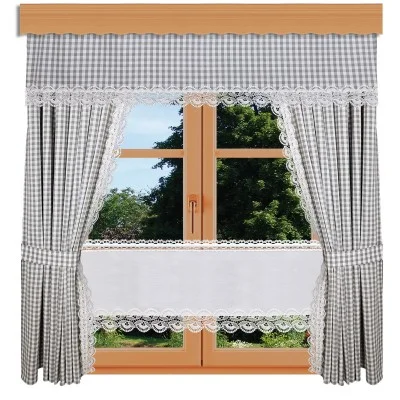 Querbehang Hannah grau-weiß kariert mit Plauener Spitze kombiniert mit Dekoschal-Set Hannah und Scheibengardine Hannah in weiß