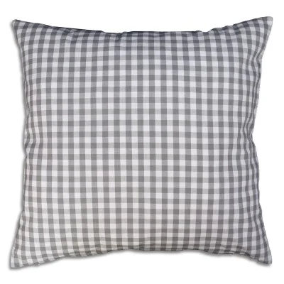Quadratisches Kissen mit grau-weißem Karomuster, fotografiert vor einem weißen Hintergrund. 50 x 50 cm