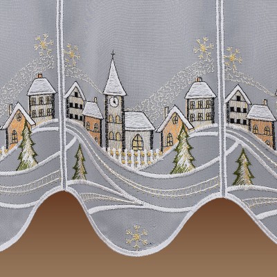 Scheibengardine Winterzauber mit verschneiten Häusern und Kirche