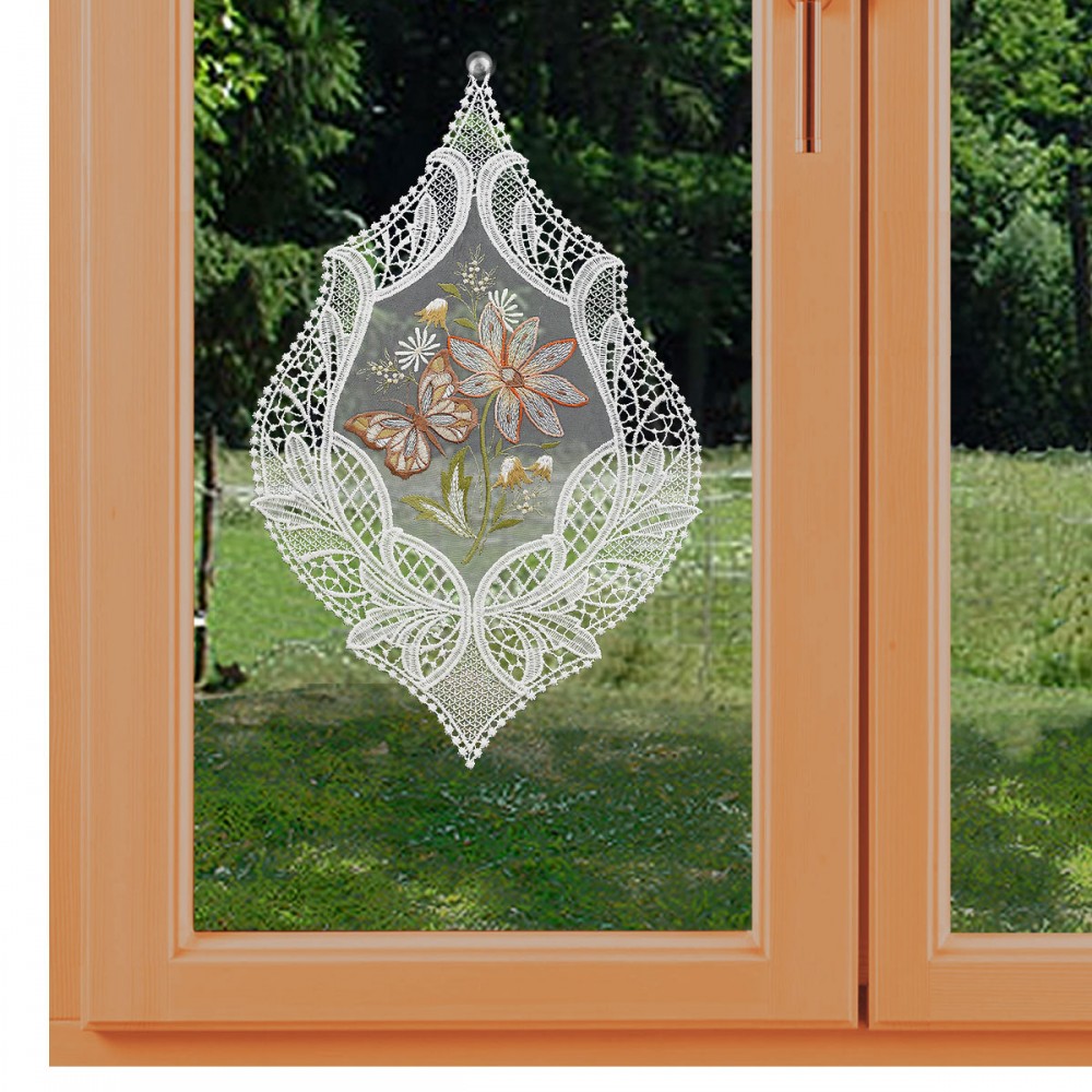 Fensterbild Blütenmotiv und Schmetterling in lachs am Fenster