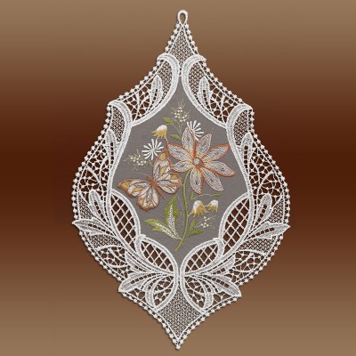 Fensterbild Blütenmotiv und Schmetterling lachs Plauener Spitze inkl Saughaken 