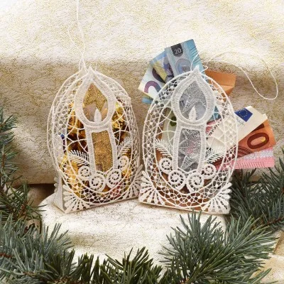 2er Set Gestickte Geschenke-Tasche Kerze Spitzen-Täschchen Deko mit Stickerei-Organza Beispielbild