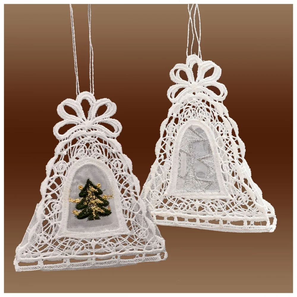 2er Set Gestickte Geschenke-Tasche Glocke Spitzen-Täschchen Deko mit Stickerei-Organza