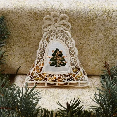 Gestickte Geschenke-Tasche Glocke mit Tanne Spitzen-Täschchen Deko mit Stickerei-Organza