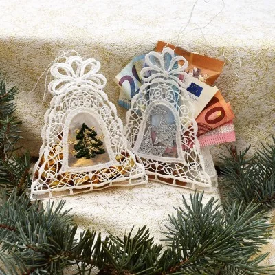 2er Set Gestickte Geschenke-Tasche Glocke Spitzen-Täschchen Deko mit Stickerei-Organza Beispielbild