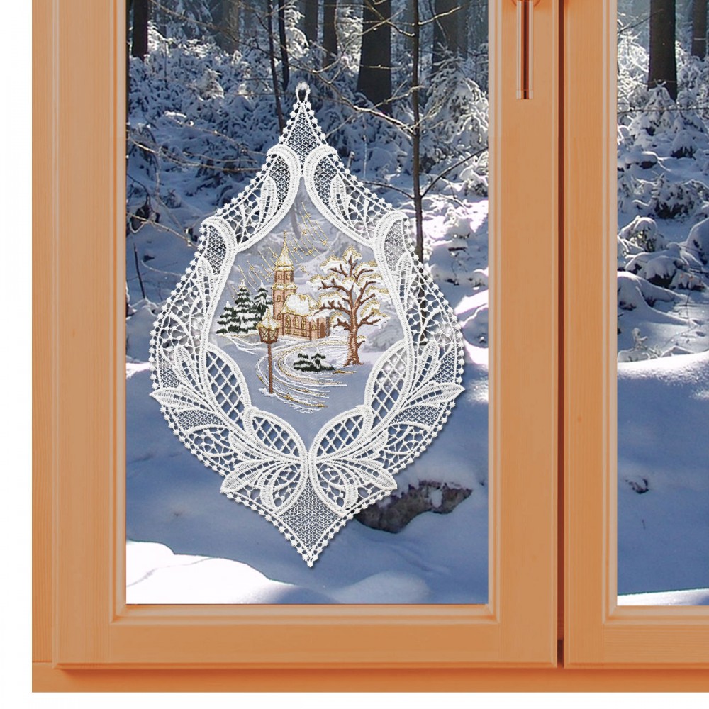 Fensterbild Winterliche Kirche Winter- und Weihnachtszeit Echte Plauener Spitze am Fenster
