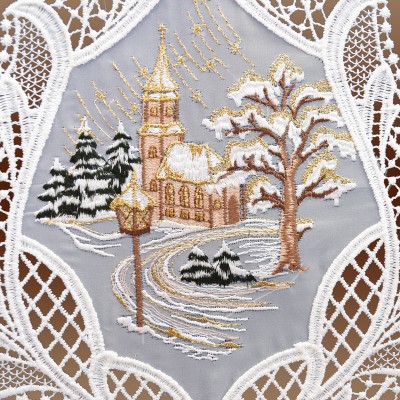 Fensterbild Winterliche Kirche Winter- und Weihnachtszeit Echte Plauener Spitze Detailbild