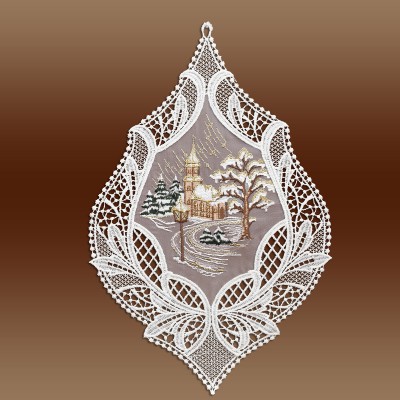 Fensterbild Winterliche Kirche Winter- und Weihnachtszeit Echte Plauener Spitze Musterbild