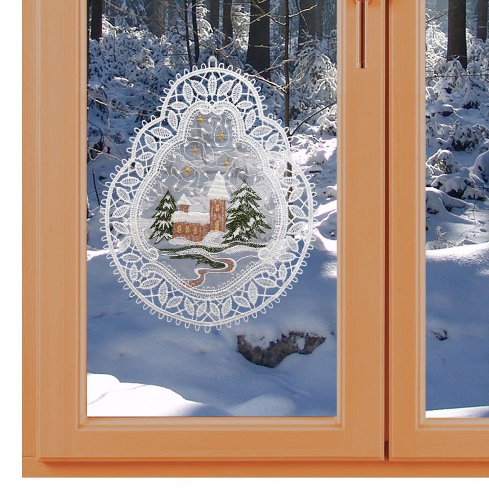 Fensterbild aus Plauener Spitze  "Winterlandschaft Rehe im Waldhaus"  mehrfa..