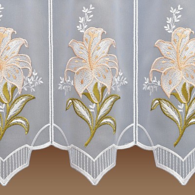 Kurzgardine Lilie in lachs traditionell bestickt Detailbild