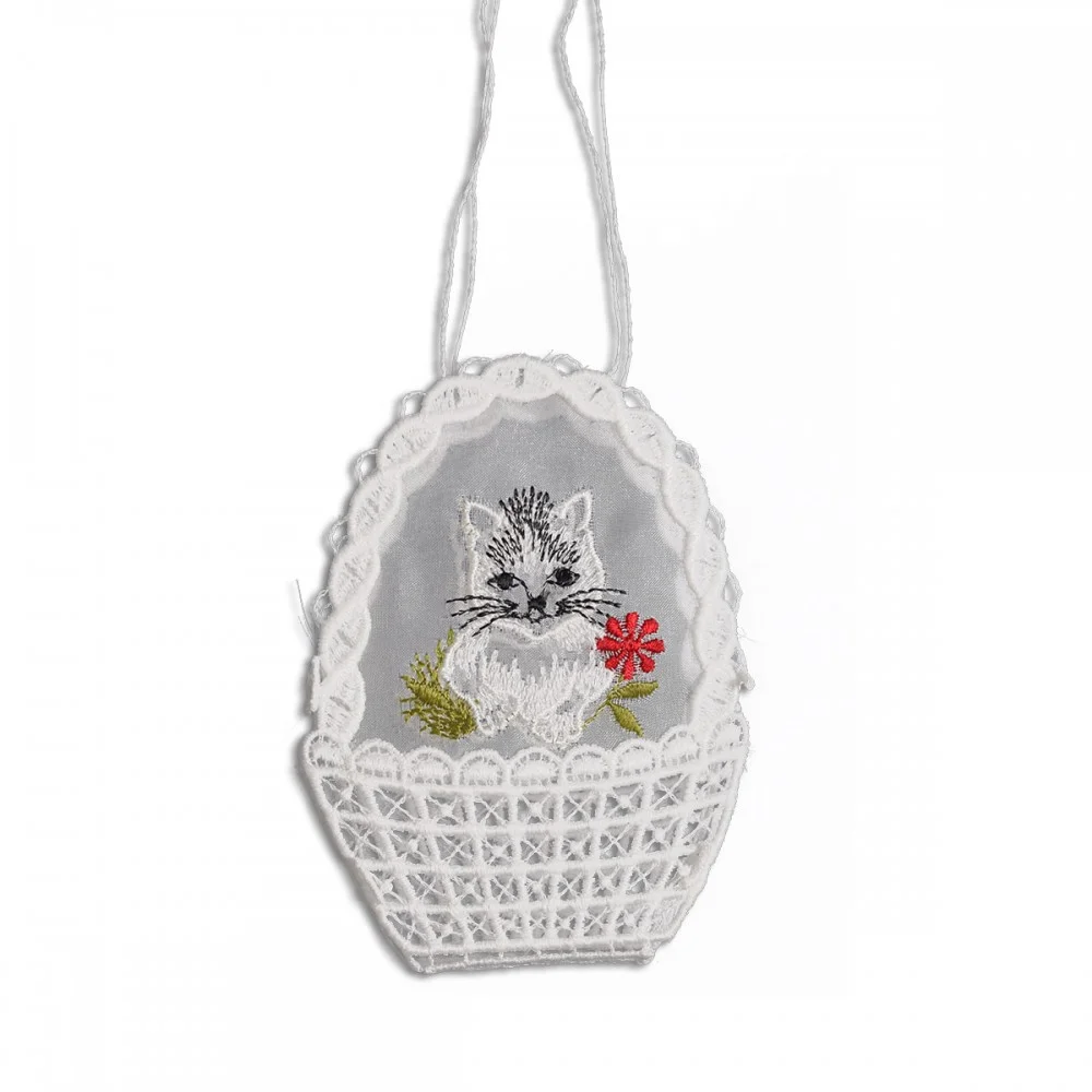 Gestickte Geschenke-Tasche Katze Spitzen-Täschchen mit Stickerei-Organza