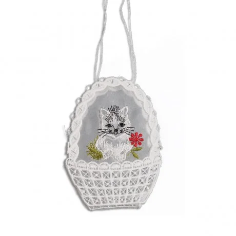 Gestickte Geschenke-Tasche Katze Spitzen-Täschchen mit Stickerei-Organza