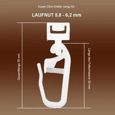 Super Klick-Gleiter mit Faltenhaken für Gardinenschiene Maße