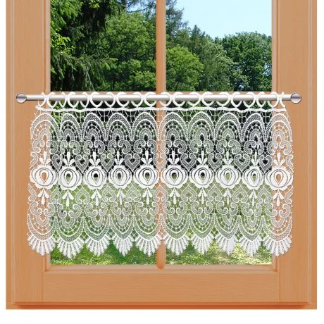 Scheibengardine Josephin weiss aus Plauener Spitze mit Ringösen am Fenster