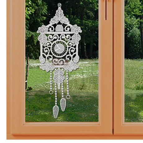 Uhr mit Pendel Klassisches Fensterbild aus Echter Plauener Spitze weiß