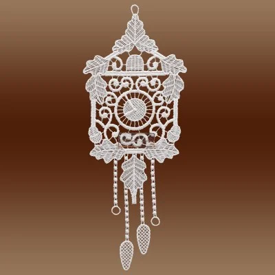 Uhr mit Pendel Klassisches Fensterbild aus Echter Plauener Spitze weiß EInzelansicht