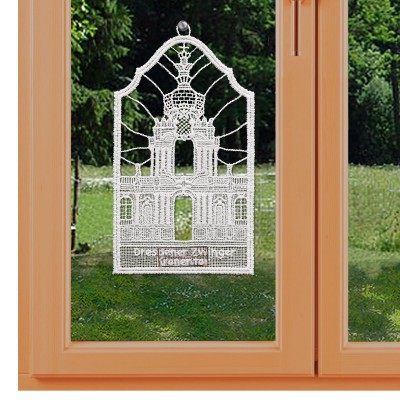 Klassisches Fensterbild Dresdner Zwinger Kronentor aus Echter Plauener Spitze weiß