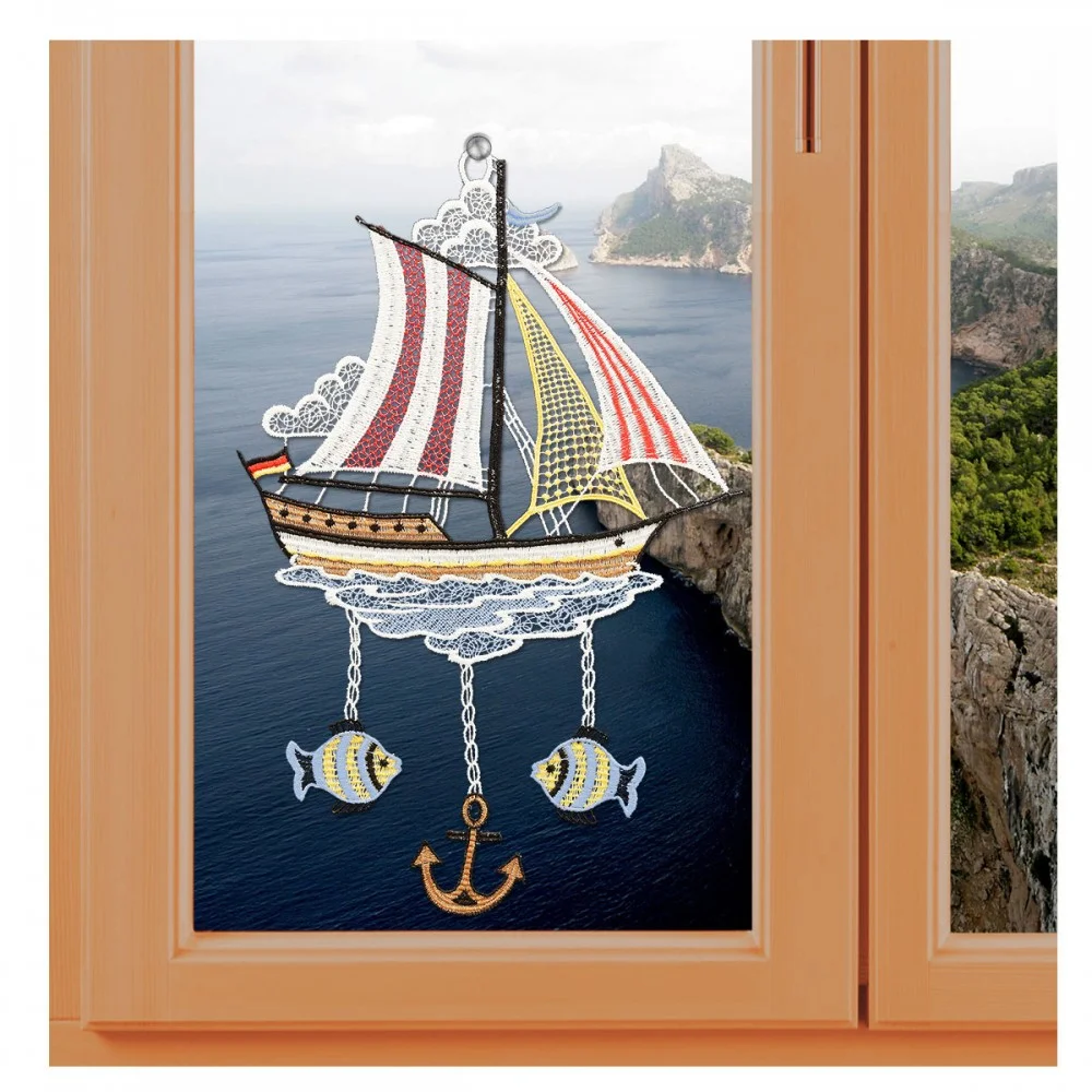 Fensterbild Segelboot Plauener Spitze inkl. Saughaken am Fenster mit Meereshintergrund