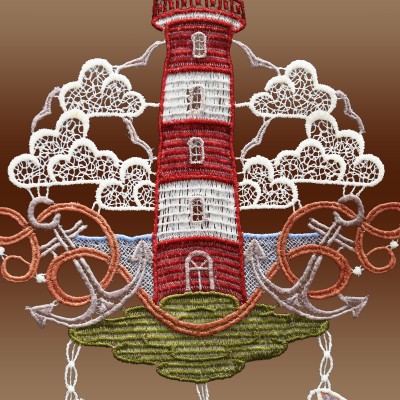 Maritimes Fensterbild Leuchtturm mit Muscheln Plauener Spitze inkl. Saughaken Detailansicht