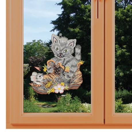 Fensterbild Katz und Maus im Schuh am Fenster