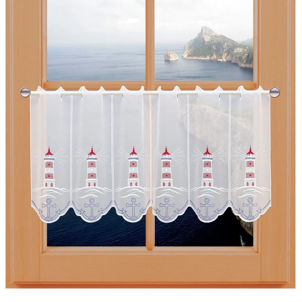 Maritime Scheibengardine Leuchtturm mit Anker mit Ostsee-Hintergrund