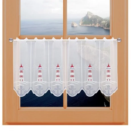 Maritime Scheibengardine Leuchtturm mit Anker mit Ostsee-Hintergrund