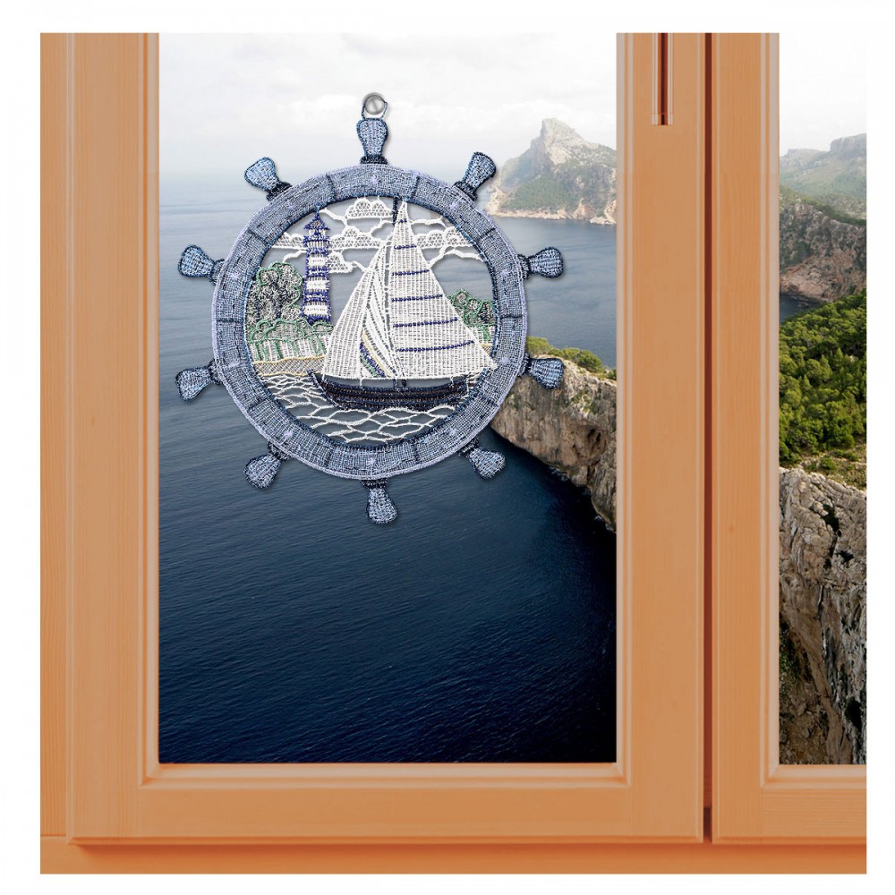 Fensterbild Steuerrad mit Boot Plauener Spitze inkl. Saughaken