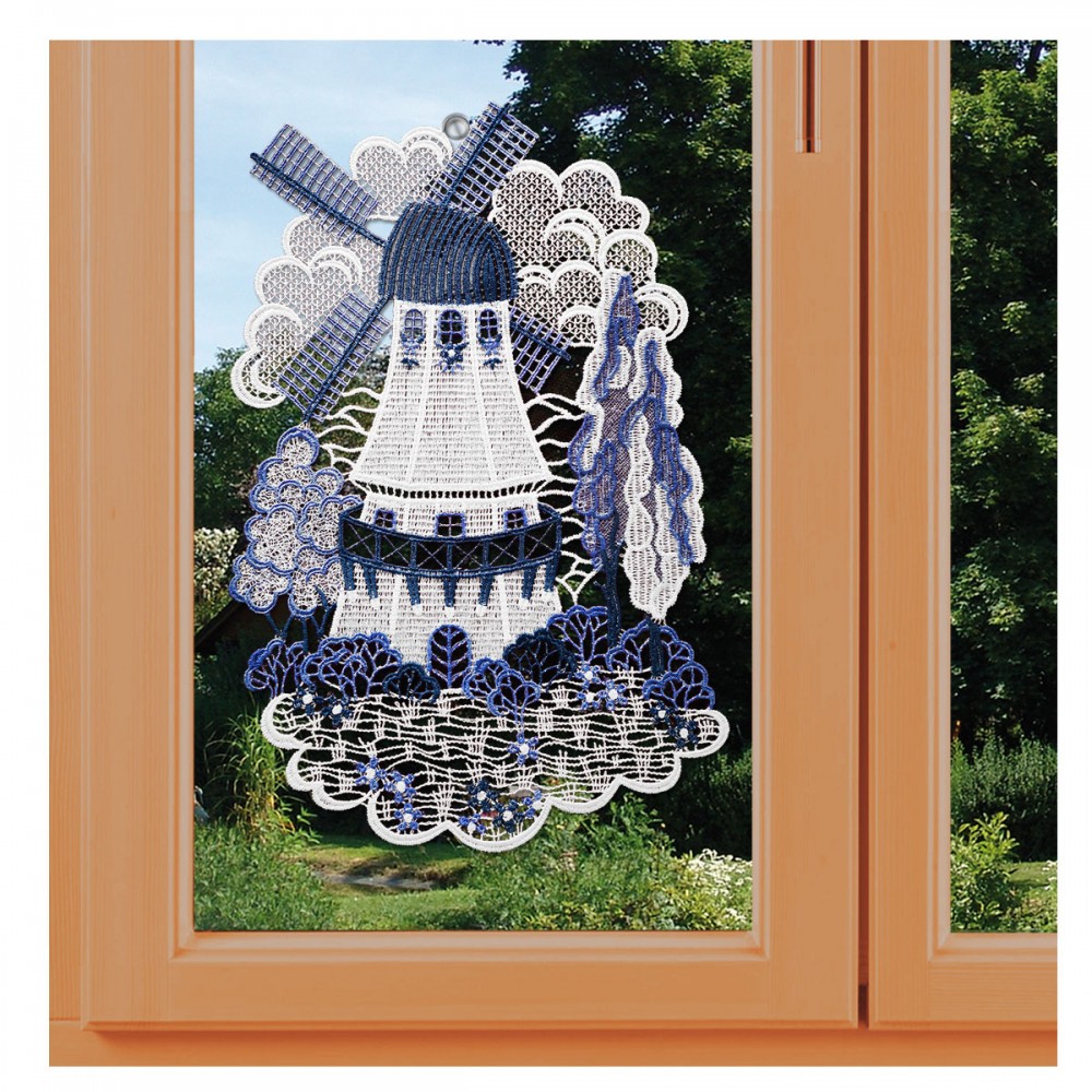 Fensterbild Holländermühle in blau Plauener Spitze