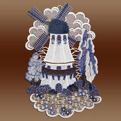 Fensterbild Holländermühle in blau Plauener Spitze Einzeldarstellung