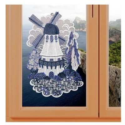 Fensterbild Holländermühle in blau Plauener Spitze mit maritimen Hintergrund