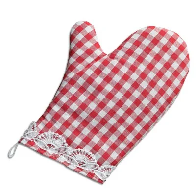 Topfhandschuh Hannah rot-weiß kariert mit Spitzenbesatz