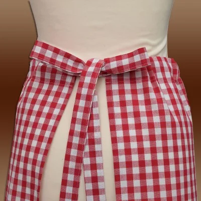 Eine Nahaufnahme der Taille einer Person, die eine rot-weiß karierte Schürze trägt, die hinten mit einer hübschen Schleife gebunden ist. Der Hintergrund ist ein brauner Farbverlauf. Das Muster der Schürze weist gleichmäßig verteilte Karos auf, und die Person ist in helle Kleidung gekleidet.