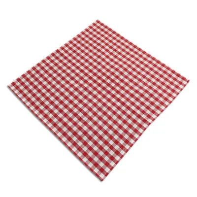 Eine quadratische, rot-weiß karierte Stoffserviette wird schräg auf eine weiße Fläche gelegt.