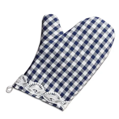 Topfhandschuh Hannah blau-weiß kariert mit Spitzenbesatz