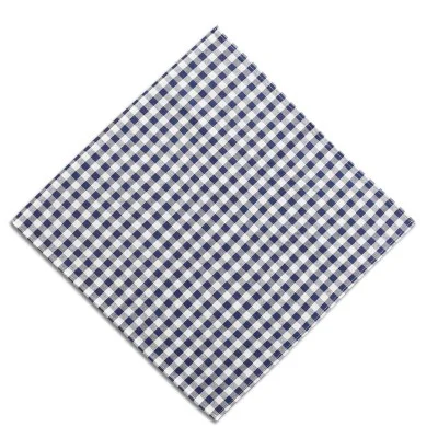 Eine blau-weiß karierte Serviette oder ein blau-weiß kariertes Tuch, flach und rautenförmig auf weißem Grund ausgelegt.
