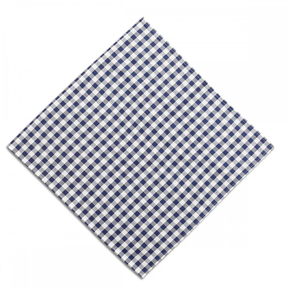 Eine blau-weiß karierte Serviette oder ein blau-weiß kariertes Tuch, flach und rautenförmig auf weißem Grund ausgelegt.